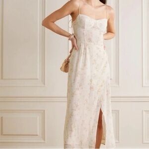 NWT Moonsea Floral Sleeveless Midi Dress White Multi Ruched Sweetheart Slit M